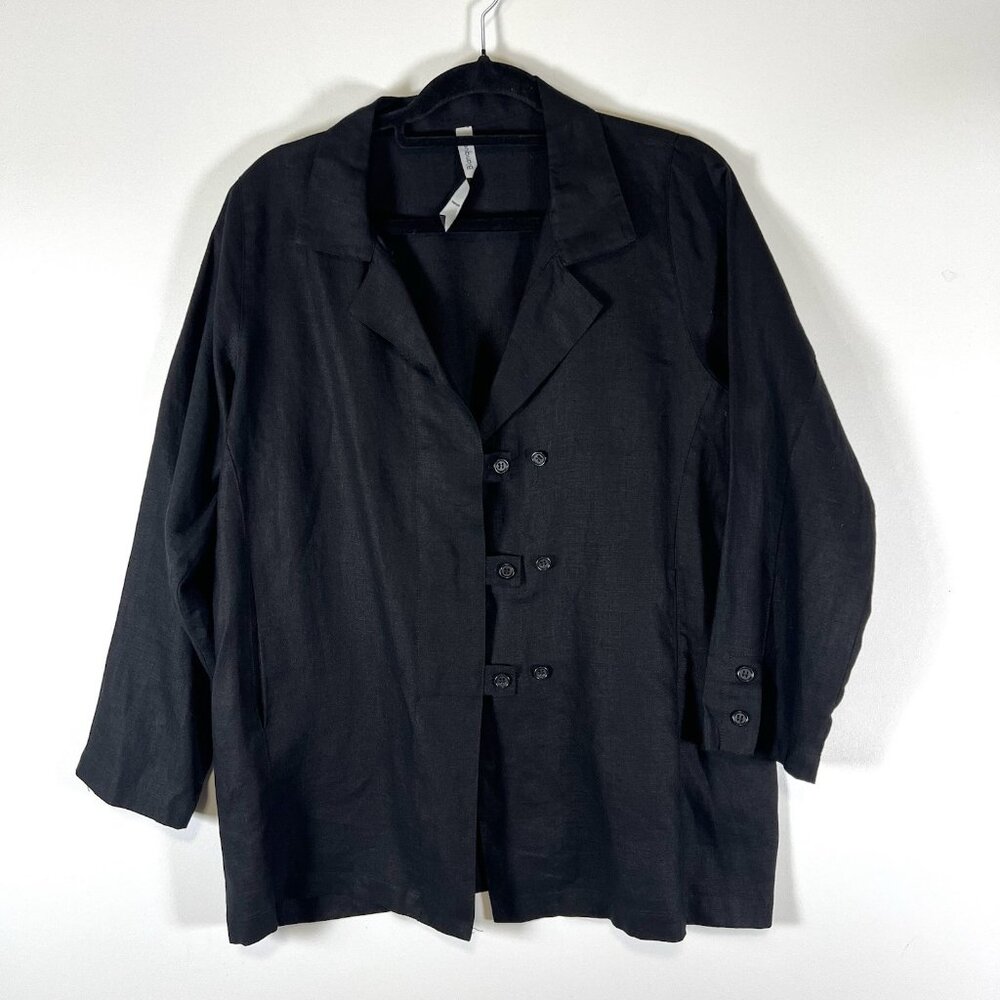 Blanque Size 1 Medium Black Linen Long Sleeve Oversized Top Button Lagenlook